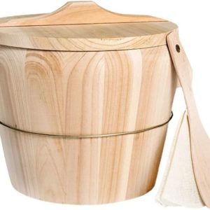 Home Kitchen Wooden Rice Steamer Bucket Set with Spoon, Steaming Cloth, and Lid for Evenly Cooked Rice, Light Brown, 8.26 X 6.49 X 6.49 Inches