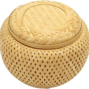 Bamboo Tea Basket with Lid Round Rattan Storage Jar Wicker Storage Baskets Woven Storage Canister Sticky Rice Steamer Baskets Snacks Fruit Basket Bamboo Weaving Steamer