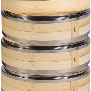 3 Tier Kitchen Bamboo Steamer with Double Stainless Steel Banding for Asian Cooking Buns Dumplings Vegetables Fish Rice