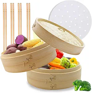 2-Tier Bamboo Steamer Basket Set 10-Inch, 50 Liners & 4 Pairs Chopsticks for Dim Sum, Dumplings, Buns, Seafoods, Rice and Asian Foods