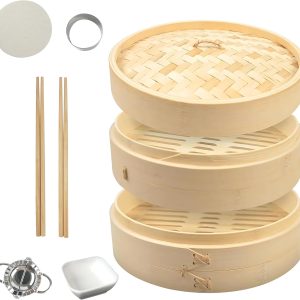 2-Tier Bamboo Steamer Basket 10-Inch with 2 Pairs of Chopsticks, a Dumpling Maker, Sauce Dishes, and 20 Liners