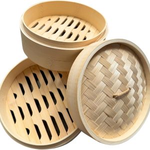 2-Tier Bamboo Steamer Basket Set – Perfect for Dim Sum, Dumplings, Buns, Seafood & Rice – Ideal for Asian Cooking (Bamboo, 8-Inch)