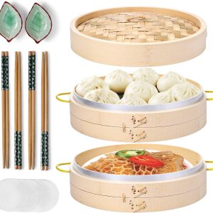 Bamboo Steamer Basket Set 10 inch Steamer for Cooking, with Side Handles Chopsticks Ceramic Sauce Dishes Paper Liners, for Dim Sum Dumplings Buns Seafoods Rice Asian Foods