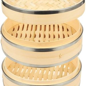 2-Tier 10 Inch Bamboo Steamer Basket with Steel Rings - Large Capacity Dumpling, Vegetable Steamer Basket (10x6.5x10 In)