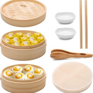 Bamboo Steamer Basket, 10 Inch 2-Tier Bamboo Dim Sum Steamer Basket for Cooking with 1 Bamboo Clip, 2 Small Ceramic Plates, 10 Reusable Cotton Steamer Cloths and 2 Pairs of Bamboo Chopsticks