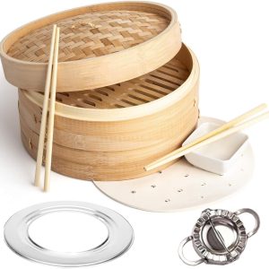 Bamboo Steamer Basket, 2-Tier Dumpling & Food Basket, 10 Inch Bamboo Steamer for Cooking Dim Sum, Momo, Rice - Bao Bun Basket with 4 Chopsticks, Sauce Dish, Reusable Liners & Ring Adapter