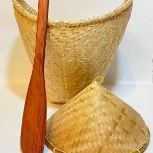 Cooking Rice Bamboo Steamer Basket with Lid and Paddle, Thai Import, Medium