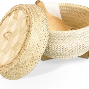 Handmade 100% Natural Thai Bamboo Sticky Rice “Electric Cooker Steamer Set”, Small Pot Insert ~ 6.5 Inch, Hewn Reed Wicker Woven Lid, 16’’ Cheesecloth Filter, and Wooden Spoon