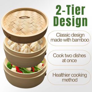 2-Tier Bamboo Steamer Basket Set – Perfect for Dim Sum, Dumplings, Buns, Seafood & Rice – Ideal for Asian Cooking (Bamboo, 8-Inch)